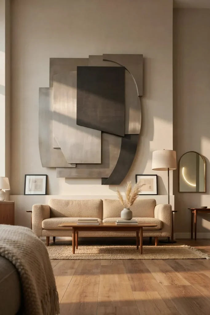 Large round metal wall art with a brushed gray finish on a neutral wall
