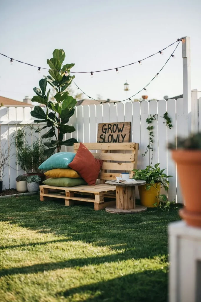 Budget-friendly backyard with simple outdoor furniture, greenery, and attractive garden decor