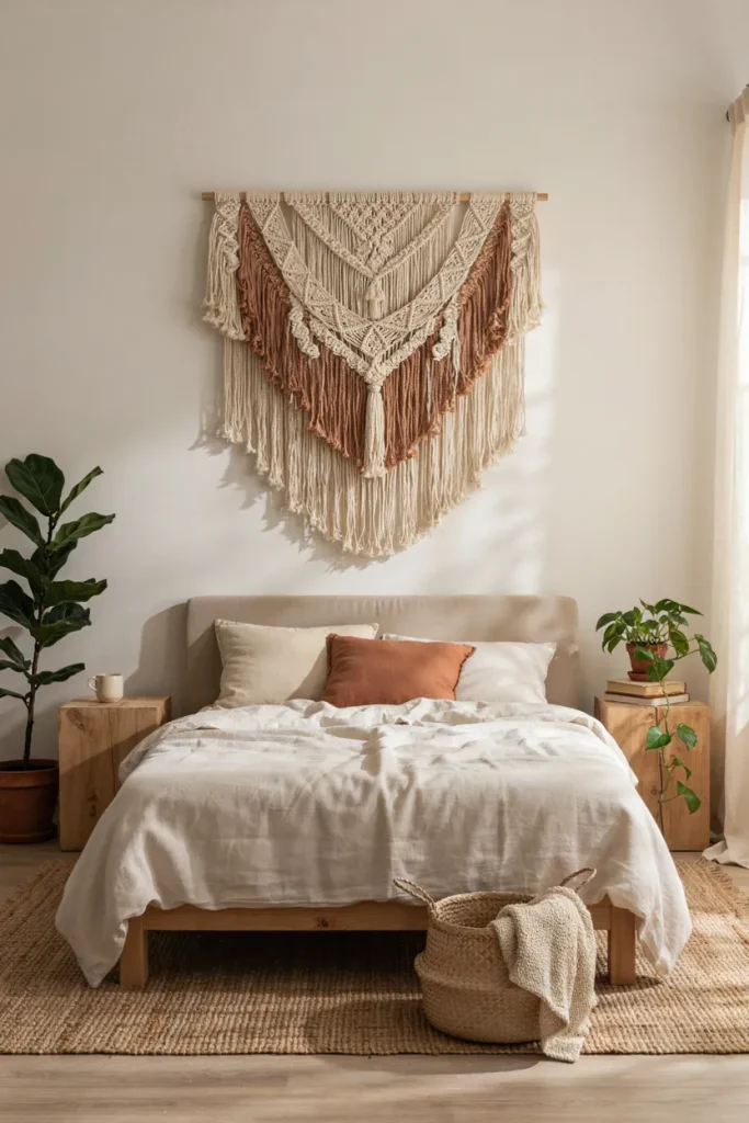 Woven macramé wall hanging above a bed in a cozy boho bedroom