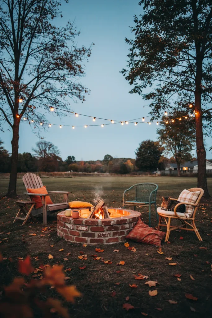 Small brick fire pit surrounded by a gravel seating area and garden plants at dusk