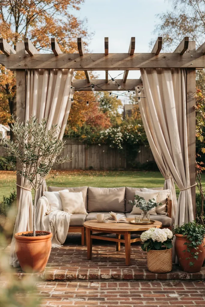 Outdoor curtains hanging from a backyard pergola to create shade and privacy