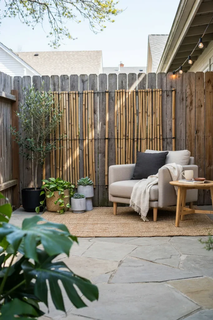 Bamboo privacy screen along a backyard side yard with plants and filtered sunlight