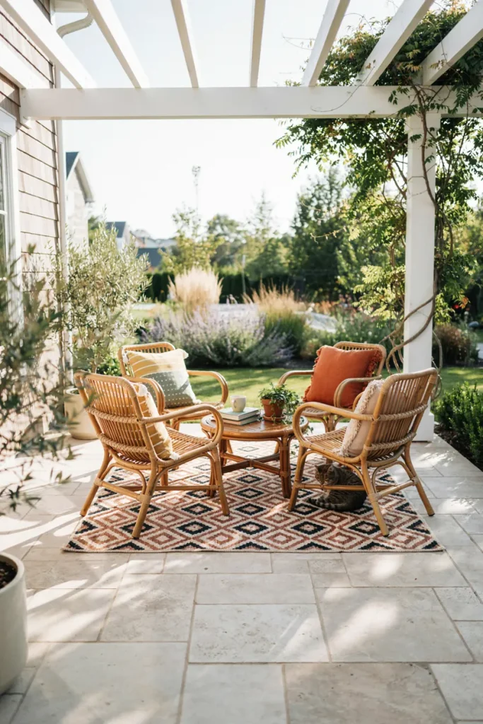 Patterned outdoor rug surrounded by colorful throw pillows and potted plants on a patio