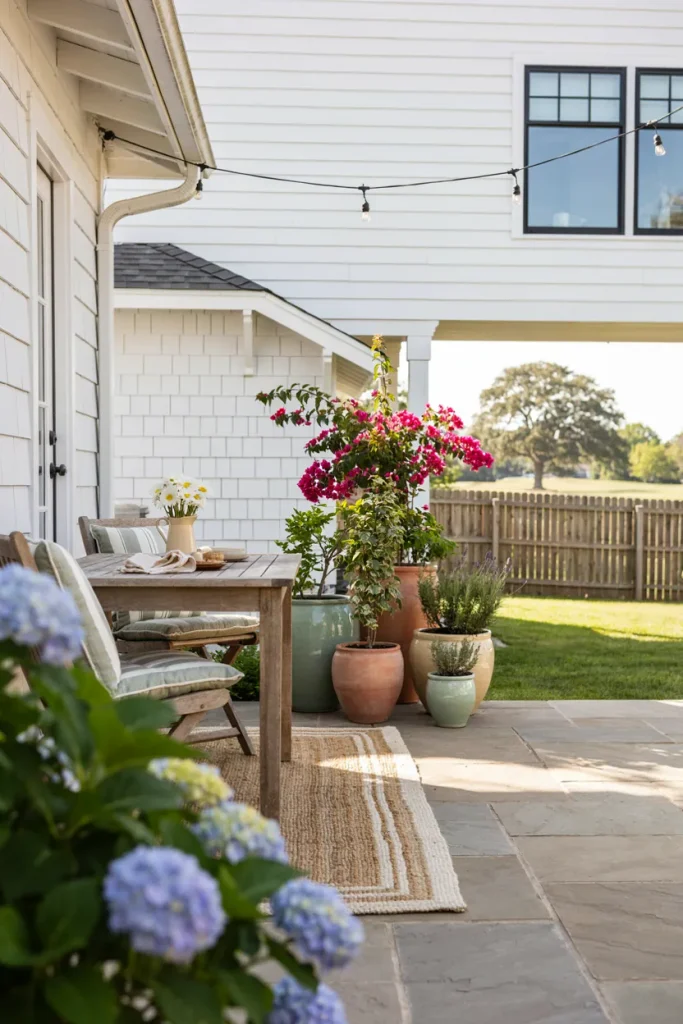 Hand-painted terracotta pots filled with flowers arranged along a sunny garden staircase