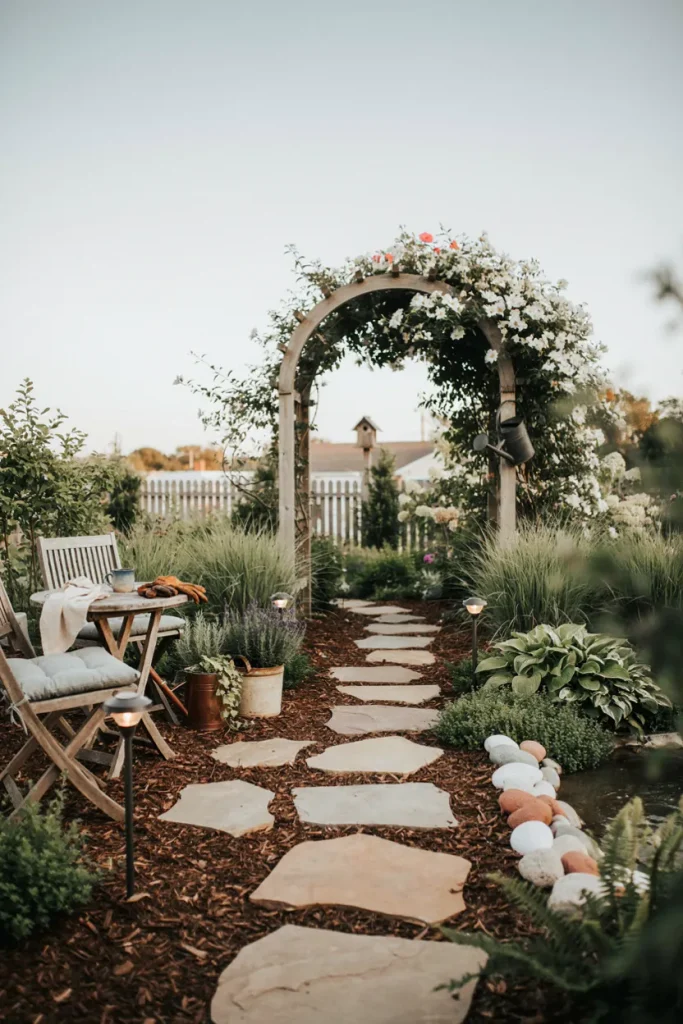 Curved stepping stone walkway leading through grass and garden beds in a backyard