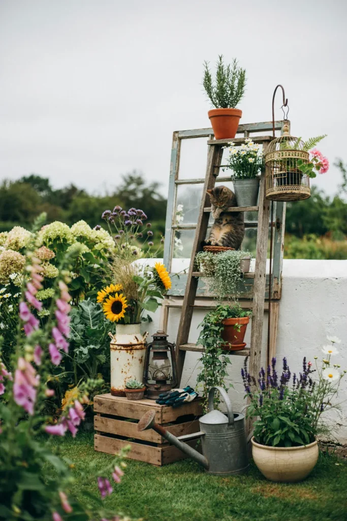 Vertical wooden pallet garden filled with herbs and flowers beside a small backyard patio