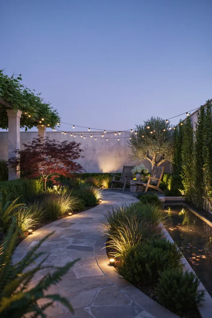 Warm solar string lights creating a cozy glow over a backyard patio at dusk