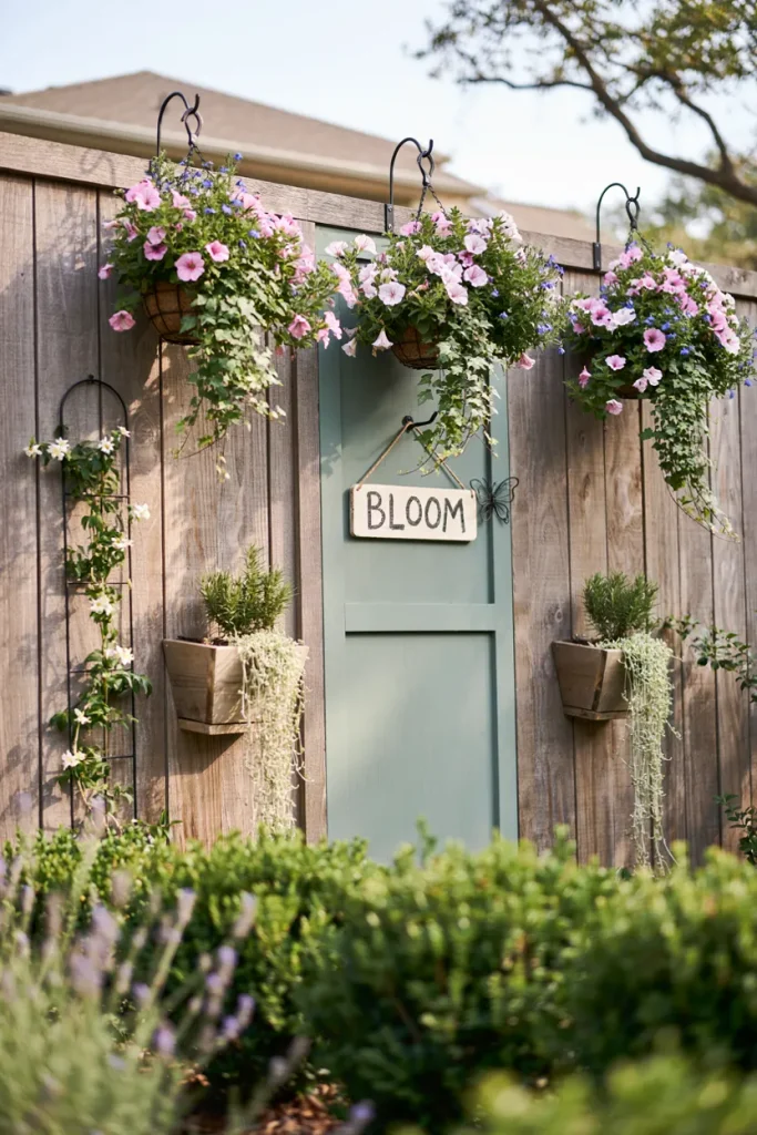 Handmade wooden garden signs and a DIY wind chime decorating a flower-filled garden gate