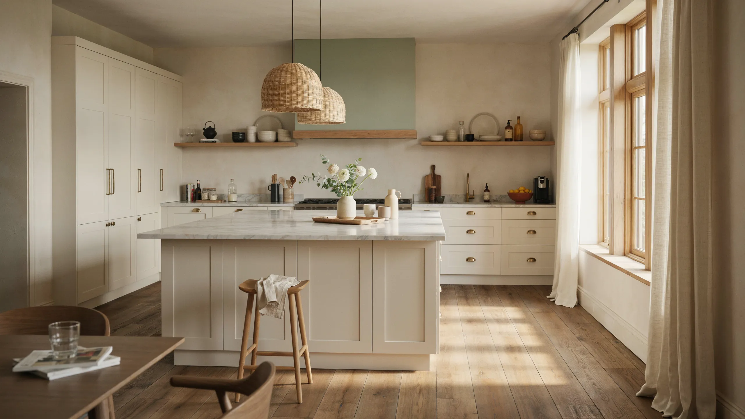 Modern kitchen with warm white cabinets, natural wood island, and fresh flowers