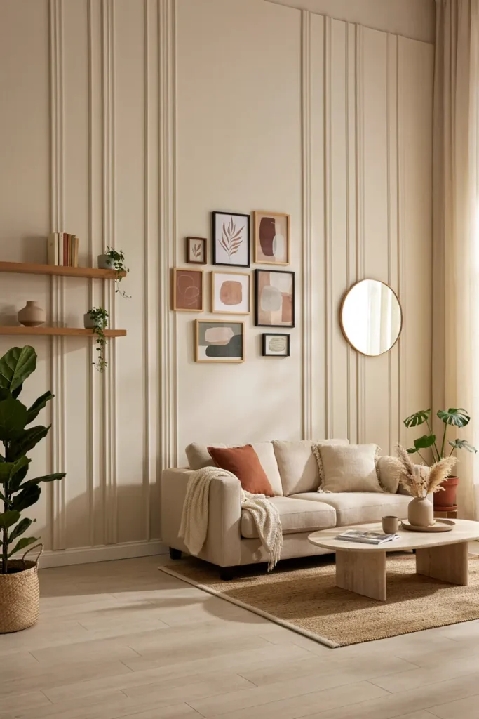 Living Room Wall Decor Ideas featuring framed artwork, a decorative mirror, wall molding, floating shelves, and indoor plants in a modern living room