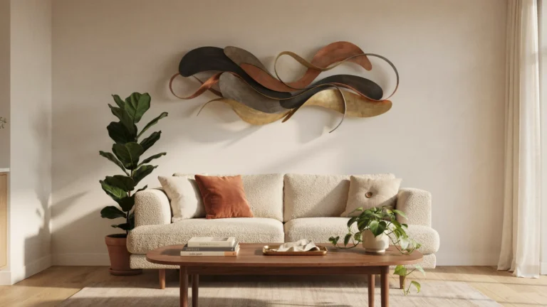 Wide view of a styled living room with metal wall art above a sofa, surrounded by plants and warm neutral decor
