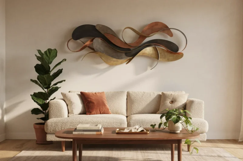 Wide view of a styled living room with metal wall art above a sofa, surrounded by plants and warm neutral decor