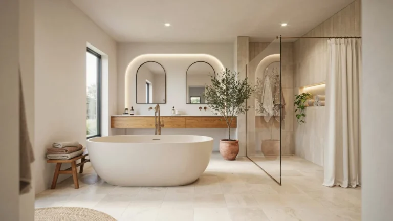 Bright, spacious bathroom showcasing elegant Bathroom Design Ideas, with a freestanding white bathtub, large windows letting in natural light, and neutral tile flooring.