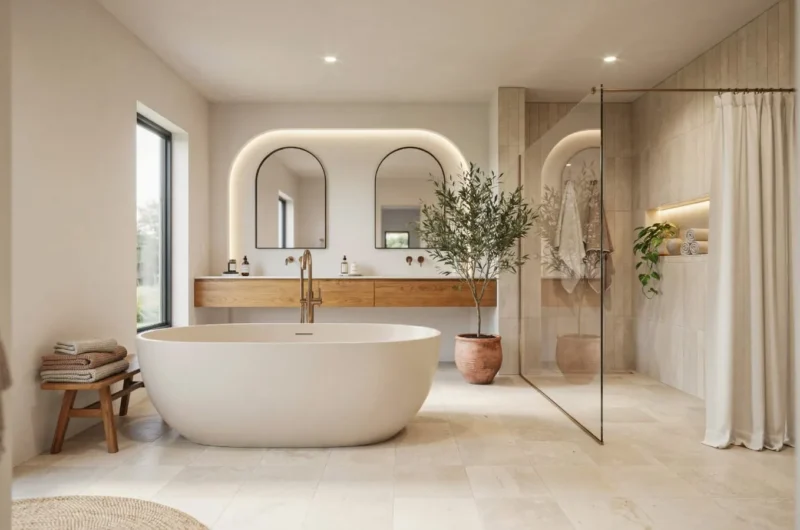 Bright, spacious bathroom showcasing elegant Bathroom Design Ideas, with a freestanding white bathtub, large windows letting in natural light, and neutral tile flooring.