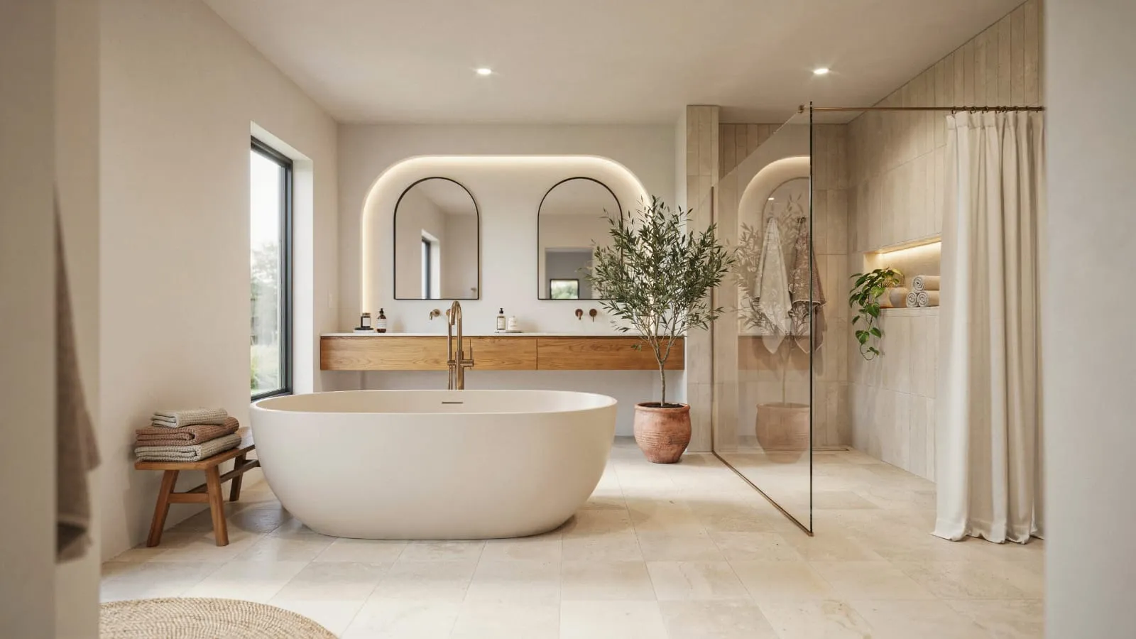 Bright, spacious bathroom showcasing elegant Bathroom Design Ideas, with a freestanding white bathtub, large windows letting in natural light, and neutral tile flooring.