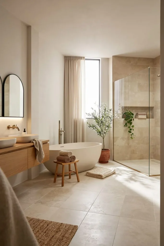 A bathroom decorated in warm, timeless neutral tones with a wooden vanity, soft lighting, and classic fixtures.