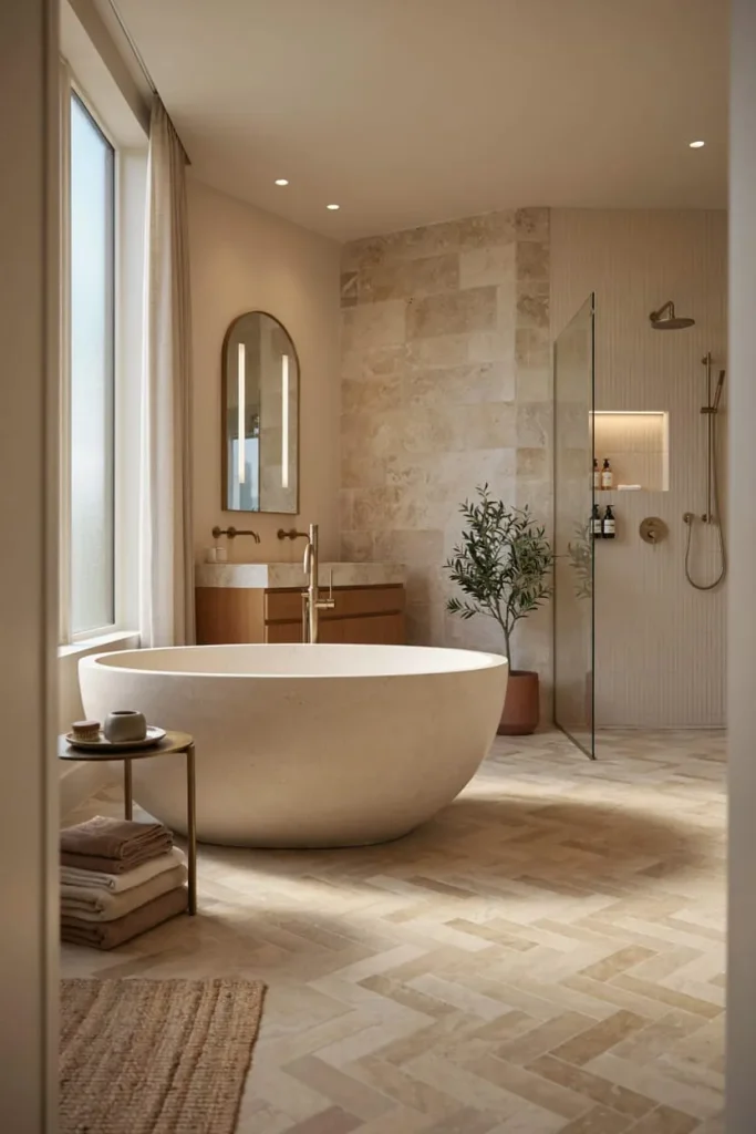 A stylish bathroom vanity area highlighting a large mirror illuminated by elegant, warm-toned wall sconces.