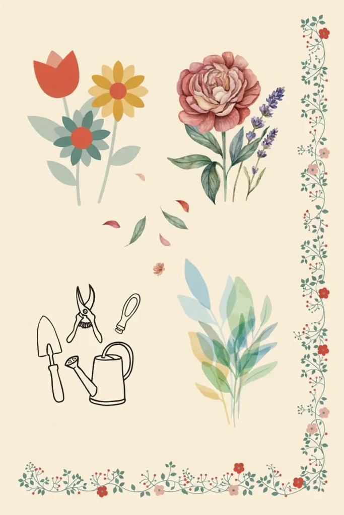 Garden gloves and hand tools with a red flower, framed by delicate floral line art on a cream background.

