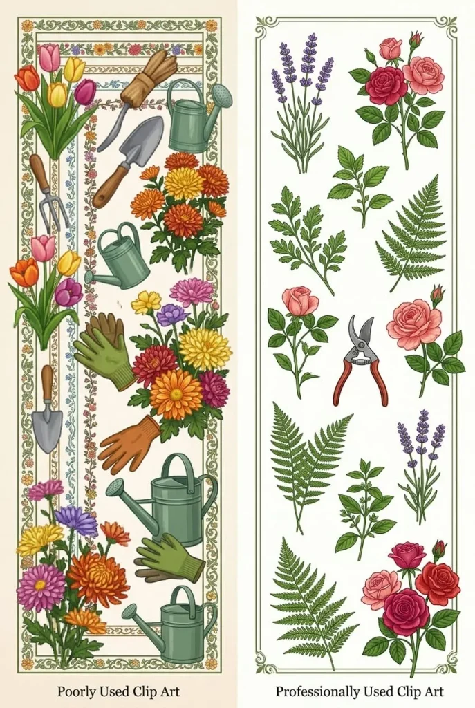 Vertical botanical illustration featuring ferns, wildflowers, and leaves surrounded by an ornate floral border.

