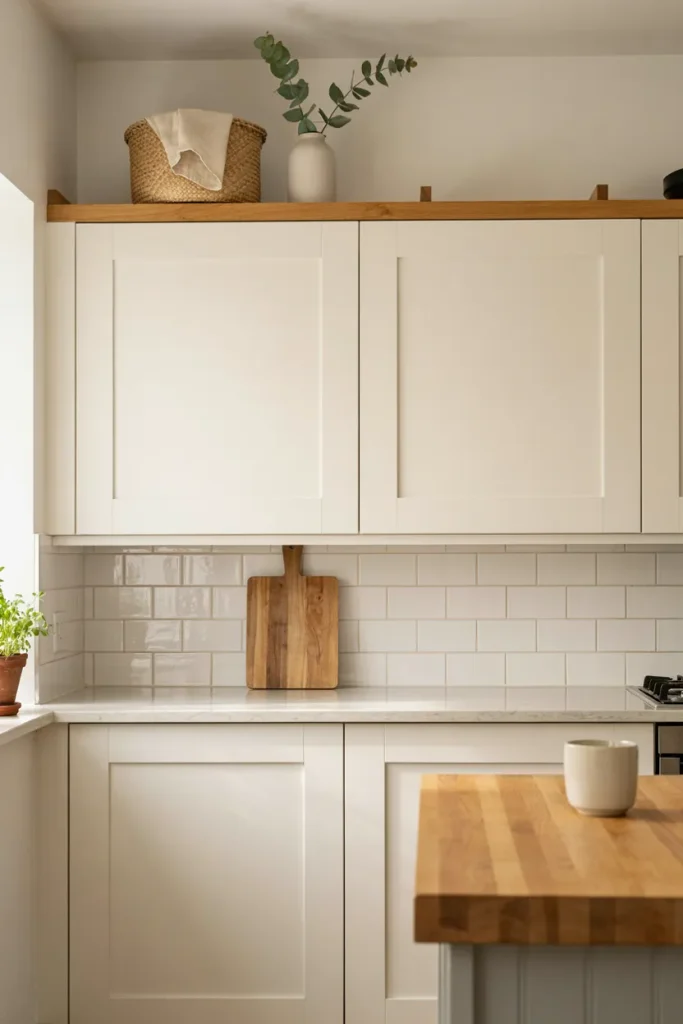 Small farmhouse kitchen with cream cabinets, black hardware, oak shelf, and woven baskets