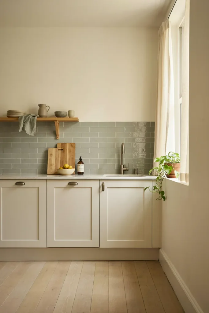 Finished small kitchen with light cabinets, vertical storage, open shelving, plants, and warm lighting