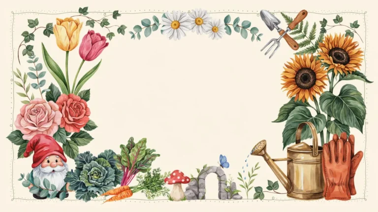 Floral frame of colorful blooms with a watering can and flower pots around an empty cream center