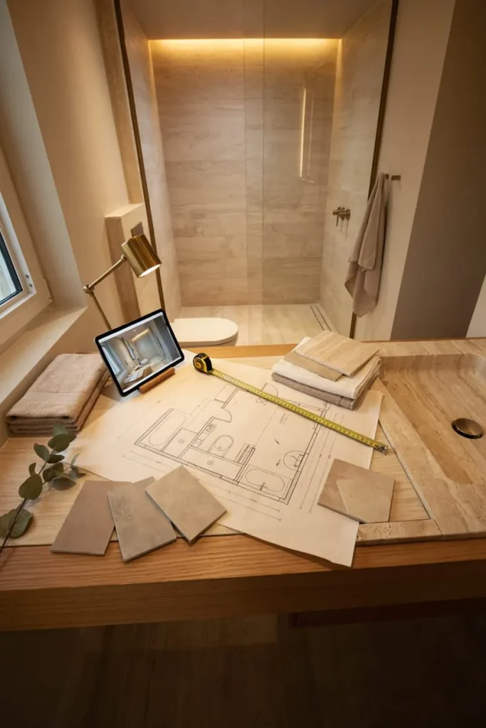 A bathroom undergoing renovation planning, showing a bathtub, fixtures, and design sketches or materials laid out.