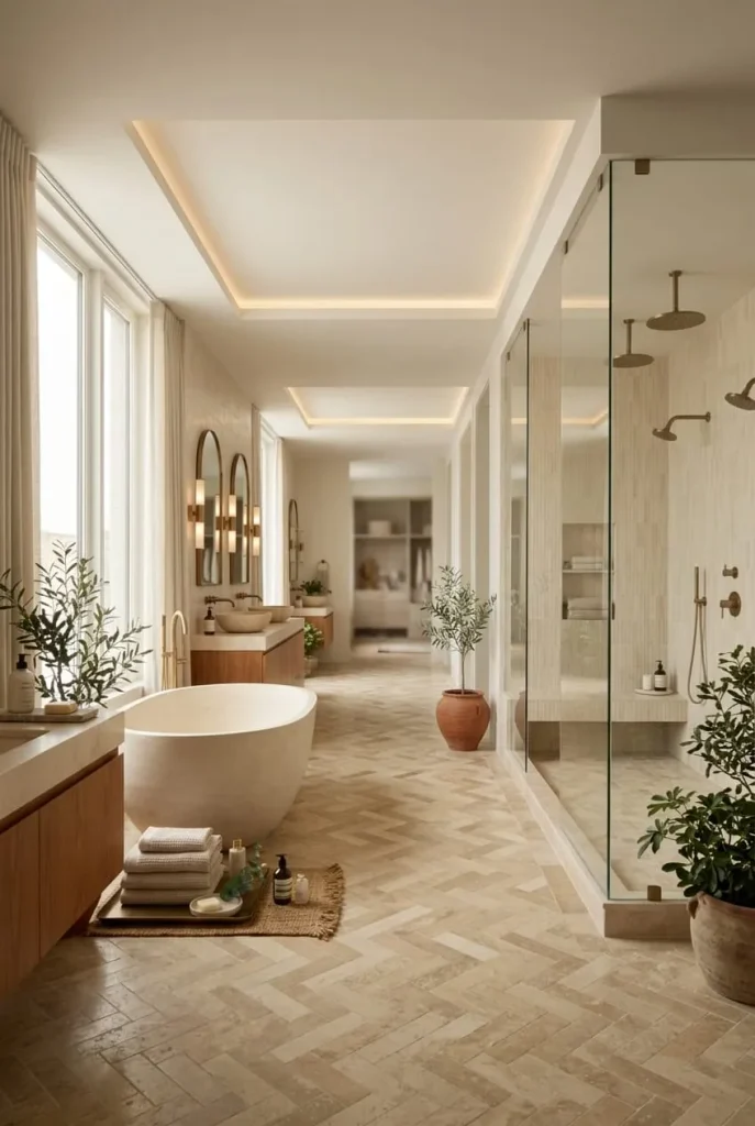 An upscale, expansive bathroom featuring high-end finishes, a large soaking tub, marble accents, and sophisticated decor.