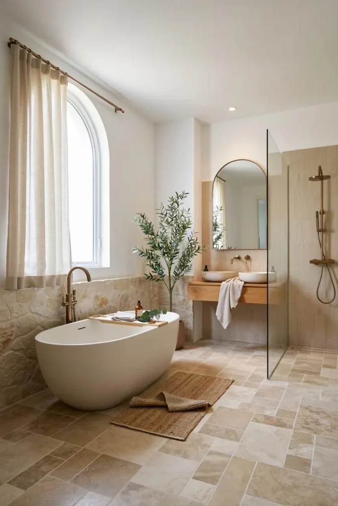A sleek, contemporary bathroom with minimalist fixtures, a freestanding tub, and large windows with a neutral color palette.