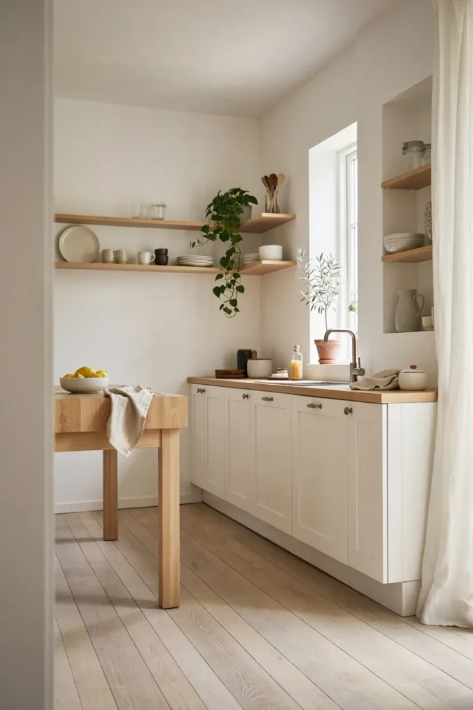 Renter-friendly small kitchen with removable backsplash, updated knobs, and rolling cart