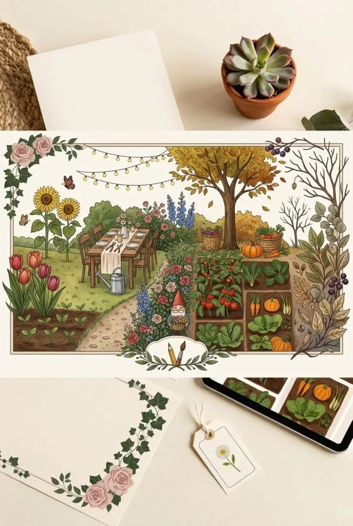 Flat lay of floral printables and a tablet displaying botanical wreath designs, surrounded by greenery and flowers.

