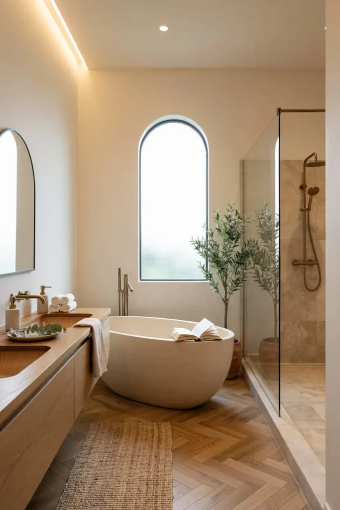 A cozy, uncluttered bathroom with a classic bathtub, soft natural lighting, and practical, everyday design elements.