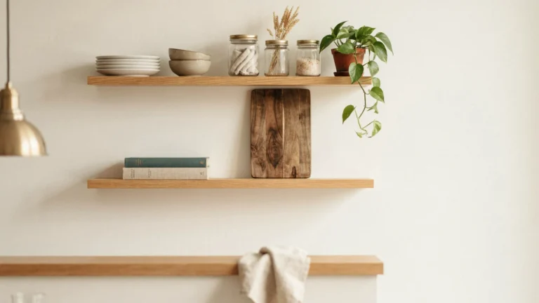 Small kitchen decoration ideas with light cabinets, vertical storage, plants, and uncluttered counters