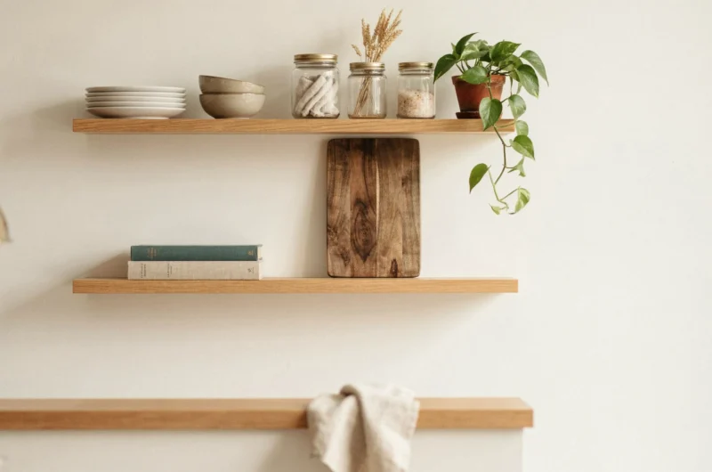 Small kitchen decoration ideas with light cabinets, vertical storage, plants, and uncluttered counters