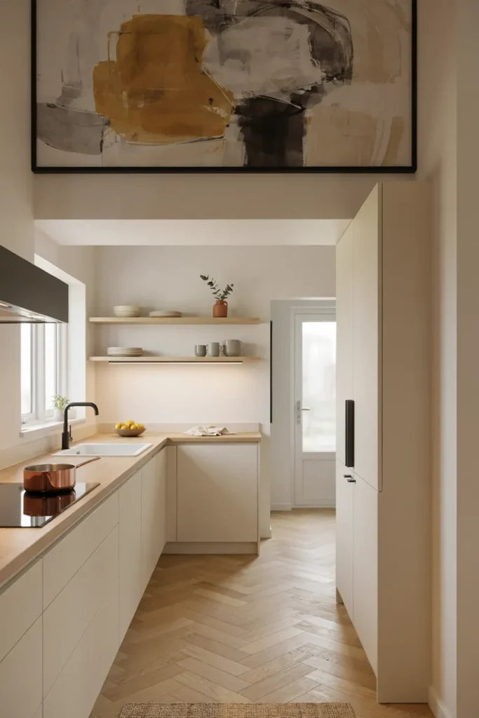 Small kitchen with a narrow mirror reflecting natural light and creating visual depth