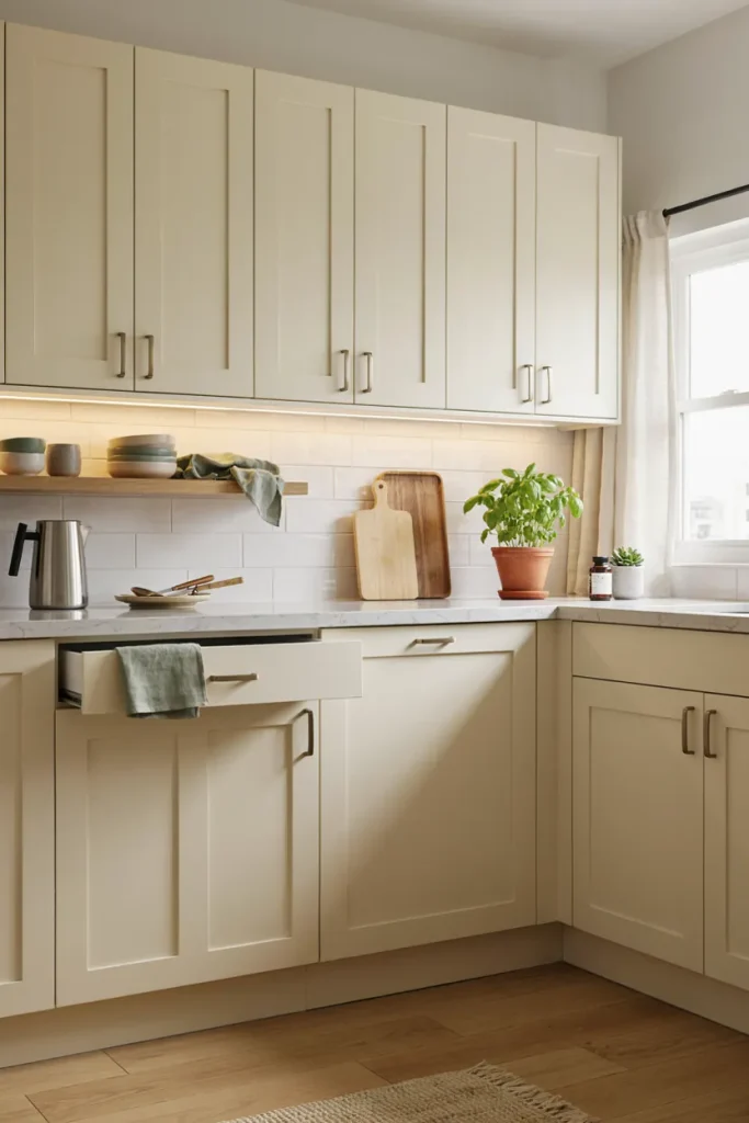 Warm white small kitchen cabinets with brushed brass hardware and matching faucet