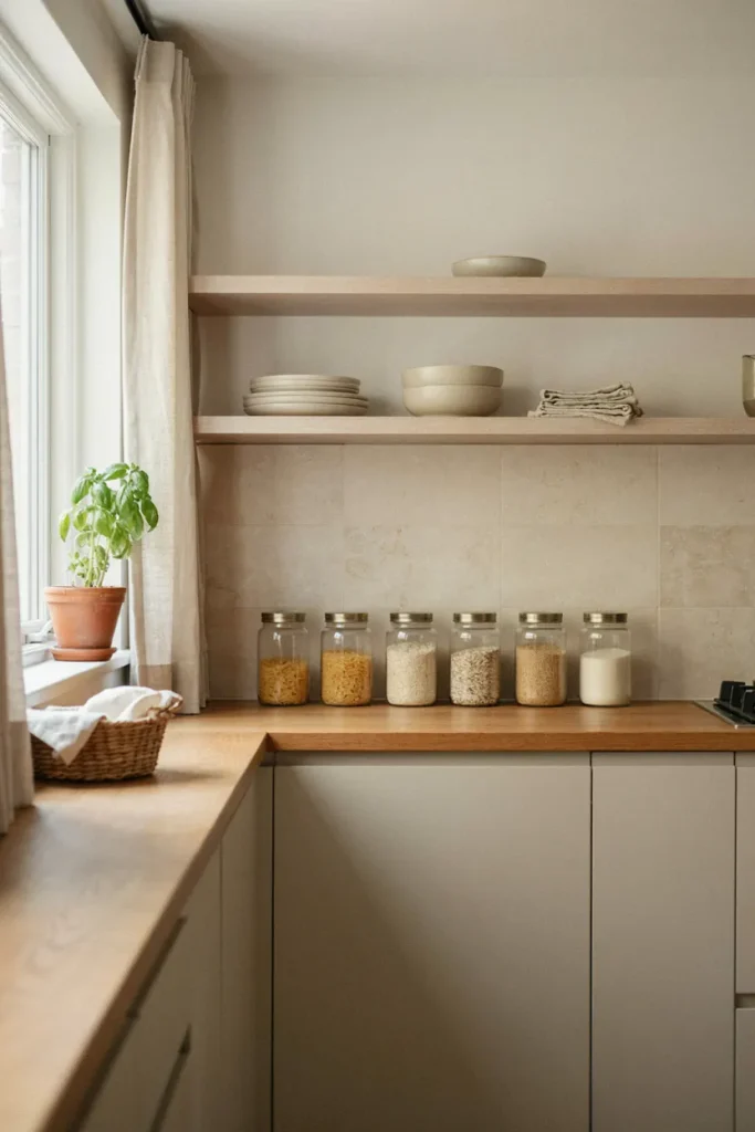 Small kitchen counter with cutting board, utensil crock, herb plant, and clear workspace