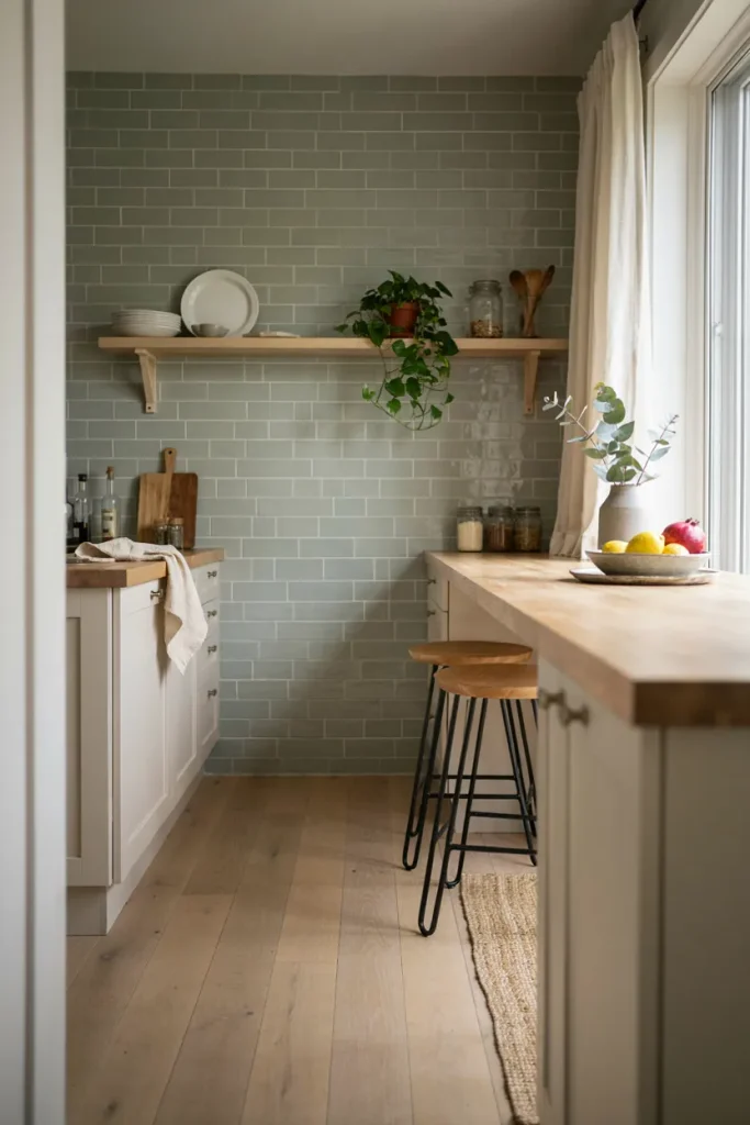 Small kitchen with warm white cabinets, pale oak, sage green accents, and light countertops