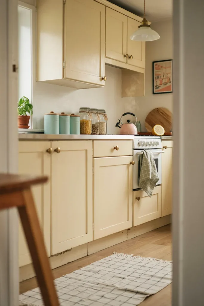 Small kitchen with a slim movable wooden kitchen cart