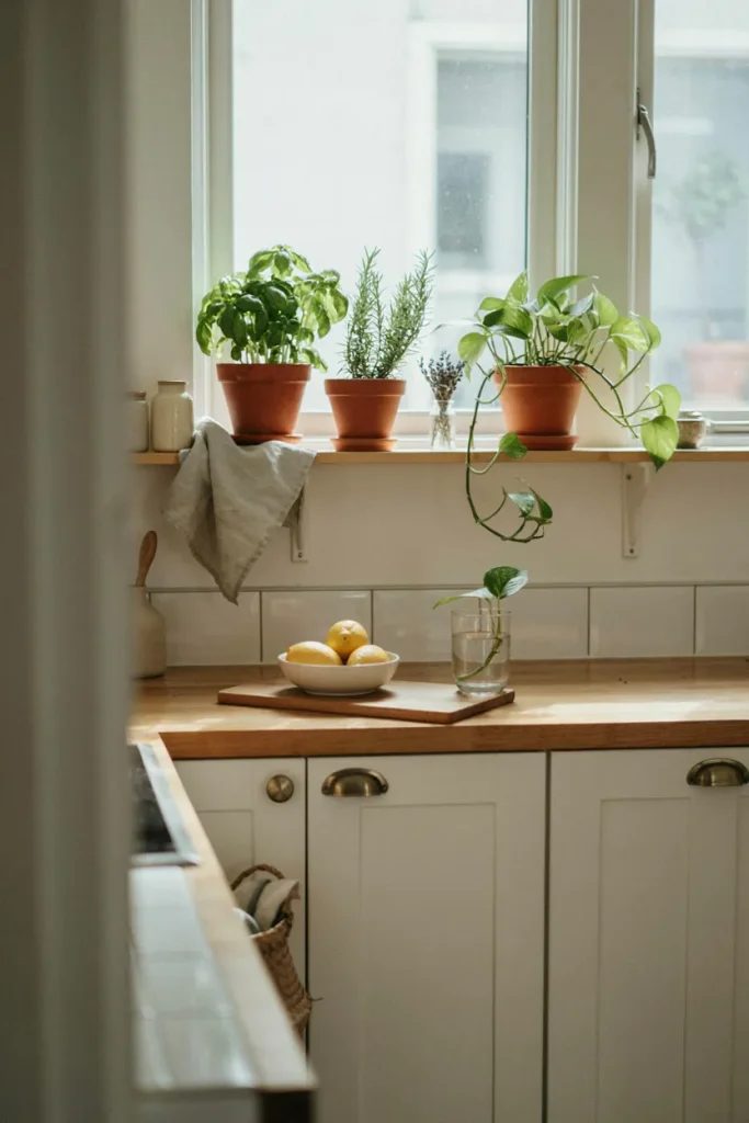 Small kitchen decorated with basil, rosemary, pothos, and aloe plants