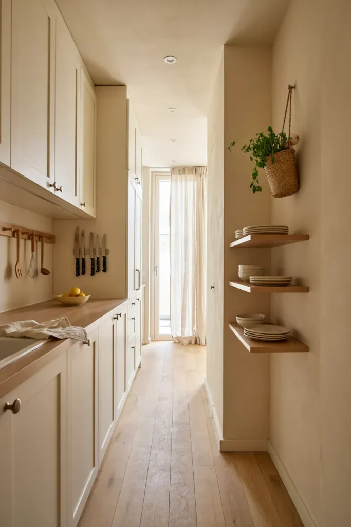 Small galley kitchen with vertical storage, wall rail, magnetic knife strip, and floating shelves
