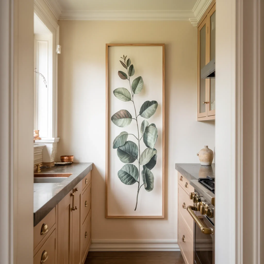 Small kitchen wall with botanical artwork and warm white cabinets